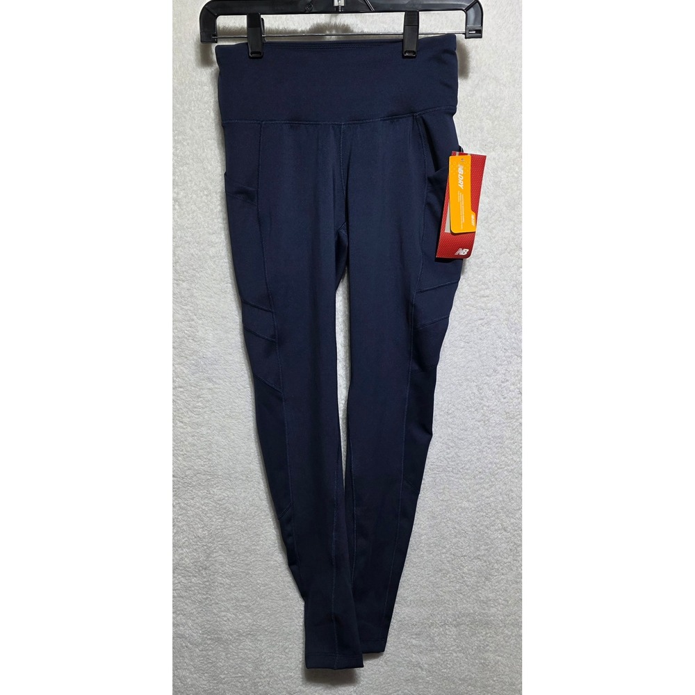New Balance Womens Navy Blue Athletic Leggings Pockets Logo Dry NB Size S‎